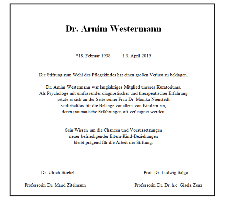 PAN NRW E.V. TRAUERT UM HERRN DR. ARNIM WESTERMANN